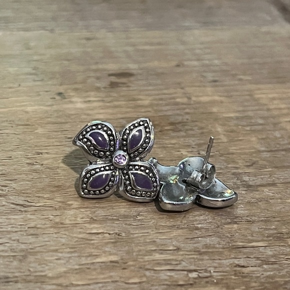 Stainless steel, enamel and amethyst flower earrings - Picture 2 of 2